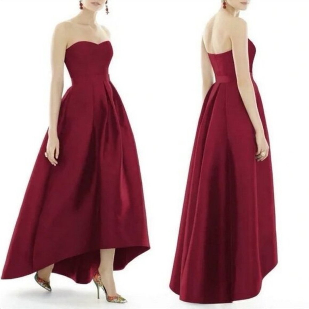 Alfred Sung Burgundy Strapless High Low Formal Gown Dress 16R D699S NWT